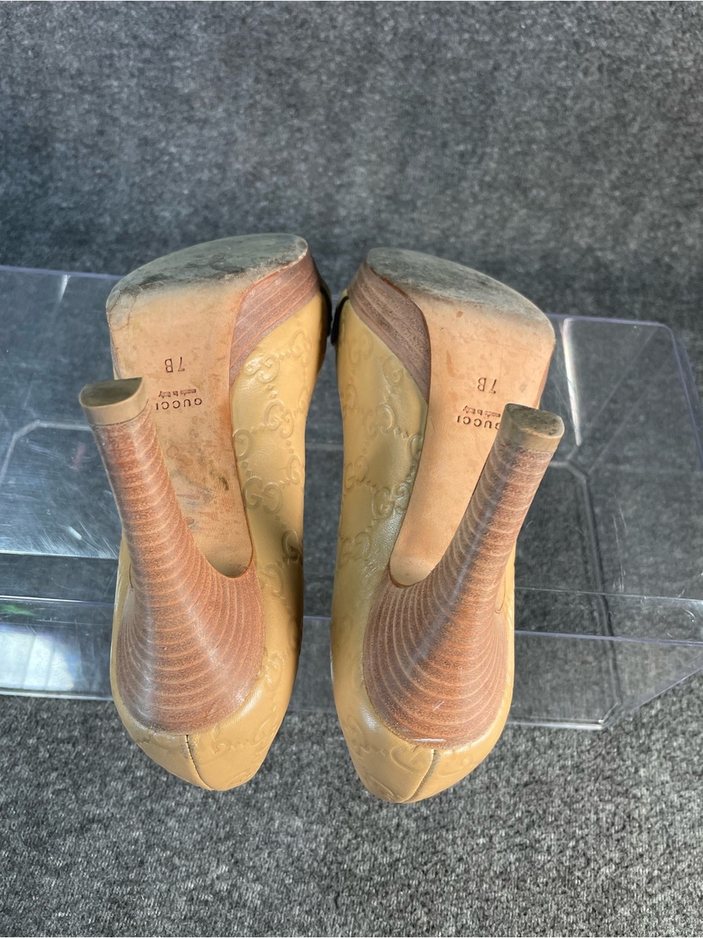 Gucci Guccisimma Horsebit Open Toe Light Sand Leather Heels Size 7 Monogram - Picture 16 of 16